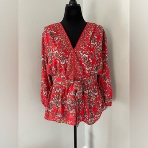 Max Studio - Red Floral Long Sleeve Top with Tie/Belt - Size XL - NWT